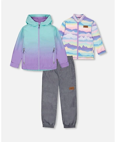 Deux par Deux Big Girls 3-In-1 Mid-Season Outerwear Set Turquoise And Mauve Gradient