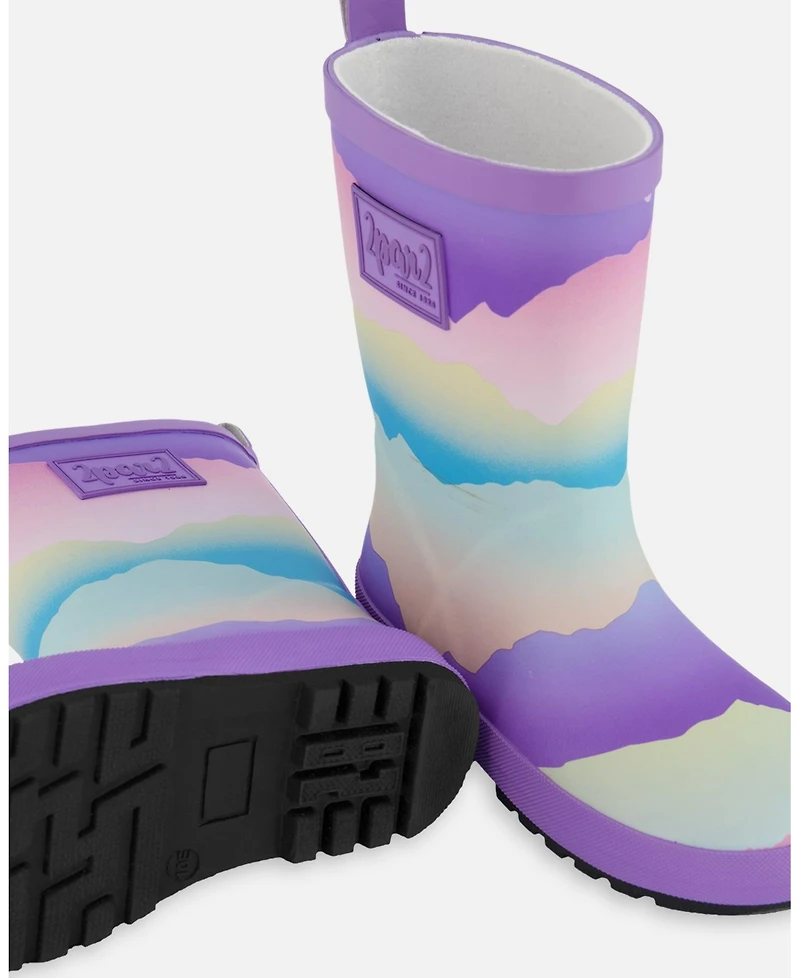 Deux par Deux Big Girls Printed Rain Boots Mauve And Blue, Pink Mountain - Toddler|Child