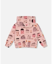 Deux par Deux Baby Girls Printed French Terry Hoodie Cardigan Pink And Coral Houses