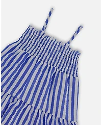 Deux par Deux Big Girls Smocked Seersucker Peasant Dress Blue And White Striped