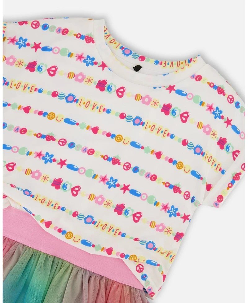Deux par Big Girls Bi-Material Dress With Mesh Skirt Multicolored Tie Dye And White