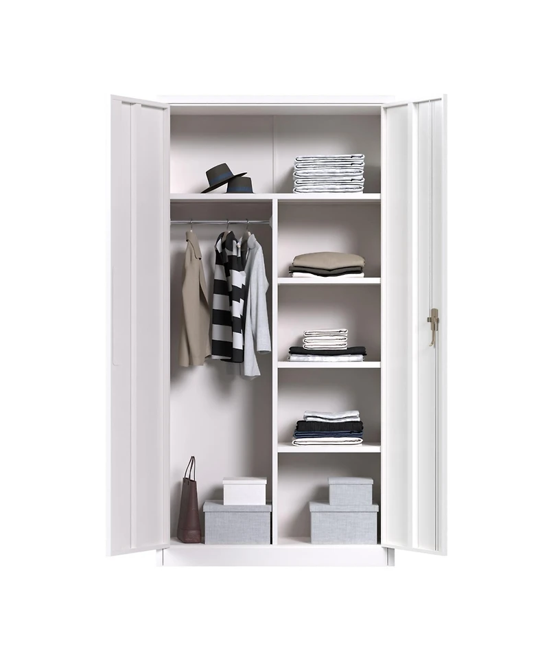 Aobabo Metal Storage Cabinet with 3 Adjustable Shelves and 1 Cloth Rail, White