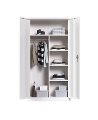 Aobabo Metal Storage Cabinet with 3 Adjustable Shelves and 1 Cloth Rail, White