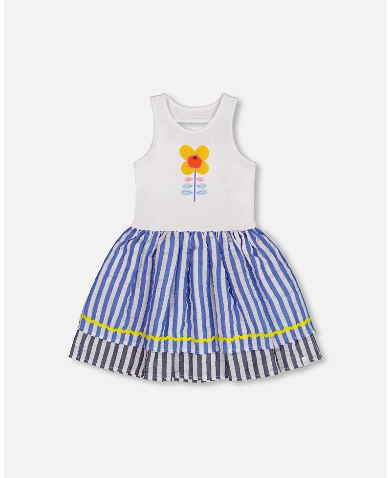 Deux par Deux Toddler Girls Bi-Material Cotton And Seersucker Dress White And Royal Blue - Toddler|Child