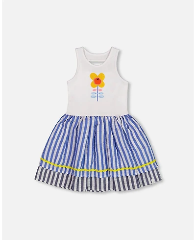 Deux par Deux Toddler Girls Bi-Material Cotton And Seersucker Dress White And Royal Blue - Toddler|Child