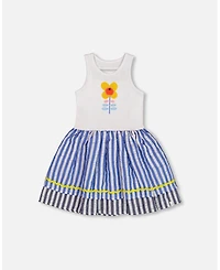 Deux par Deux Toddler Girls Bi-Material Cotton And Seersucker Dress White And Royal Blue - Toddler|Child