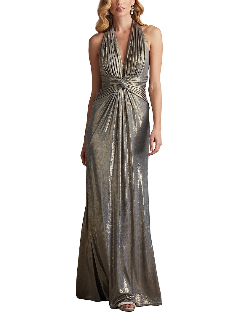 Tadashi Shoji Women's Mona Pleated Metallic Halter Gown