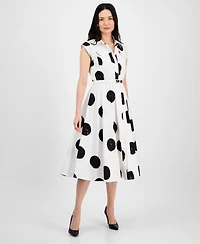 T Tahari Women's Dot-Print Belted Fit & Flare Dress
