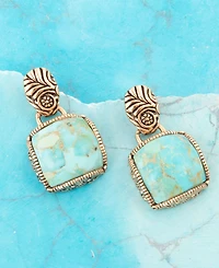 Barse Carved Blue Turquoise Golden Square Drop Earrings