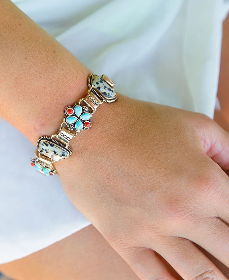 Barse Legacy Blue Turquoise and Dalmatian Jasper Golden Link Bracelet