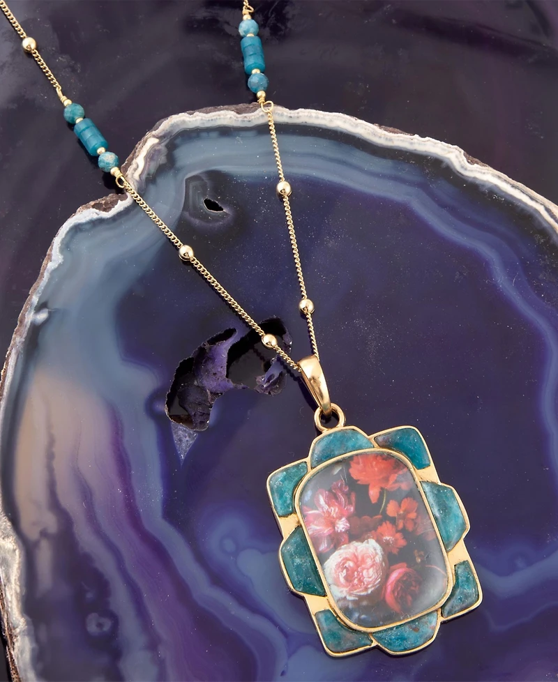 Barse Scenic Red Florals Blue Apatite Golden Pendant Necklace
