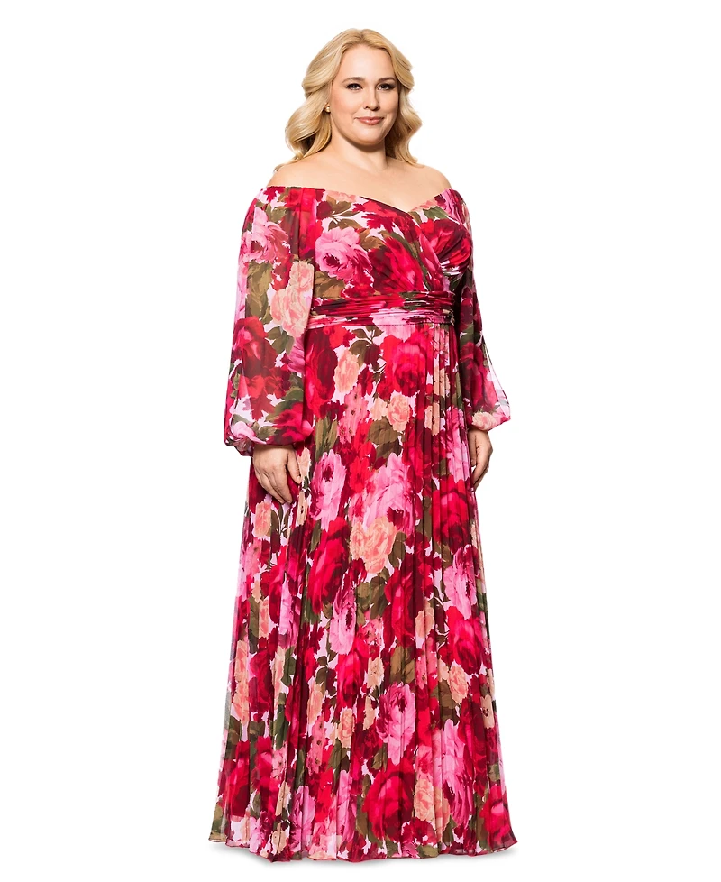 Xscape Plus Size Floral Off-The-Shoulder Pleated Gown