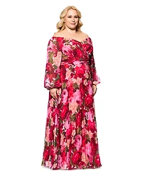 Xscape Plus Size Floral Off-The-Shoulder Pleated Gown