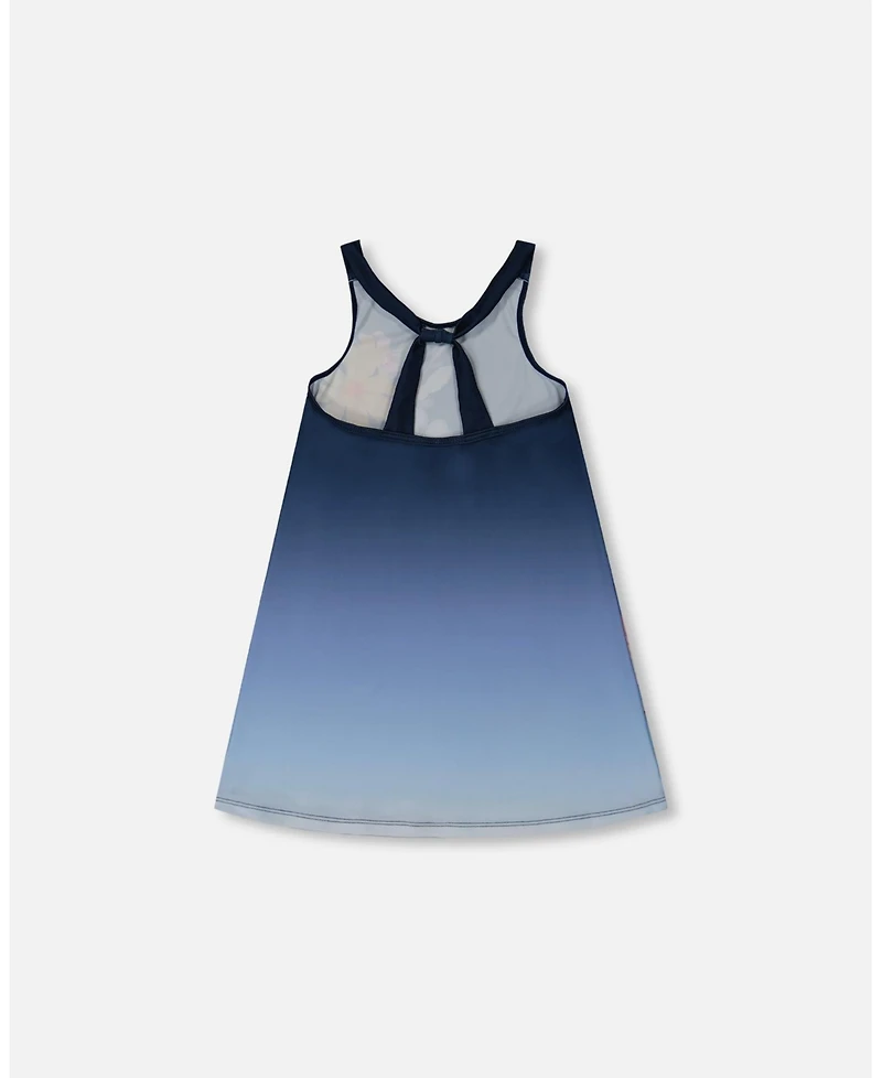 Deux par Deux Girls Printed Beach Dress Yellow, Pink Flowers On Navy Blue Background