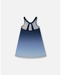 Deux par Deux Girls Printed Beach Dress Yellow, Pink Flowers On Navy Blue Background