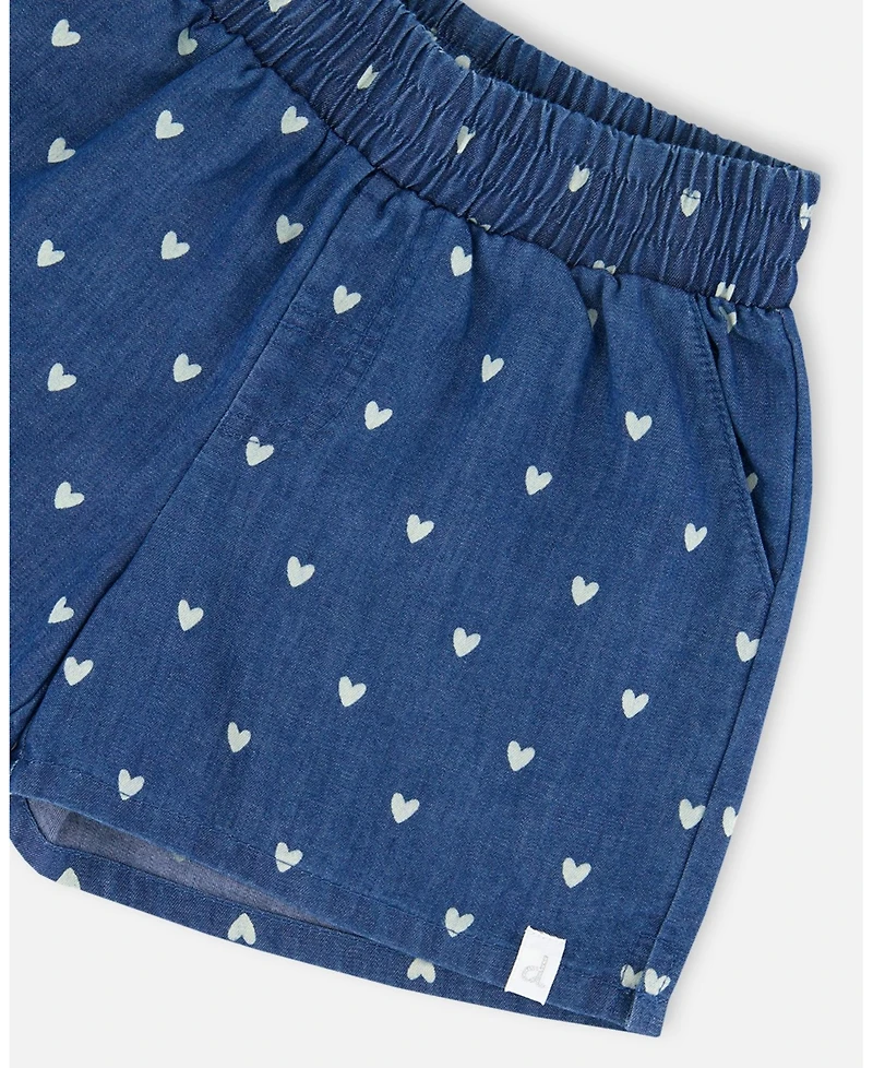 Deux par Deux Toddler Girls Printed Chambray Short Navy Blue And White Hearts - Toddler|Child