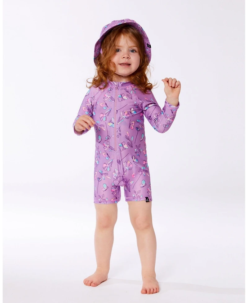 Deux par Deux Girl Printed Long Sleeve One-Piece Rashguard Old Mauve And Multicolored Butterflies - Toddler|Child