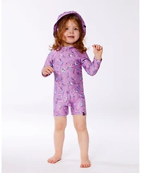 Deux par Deux Girl Printed Long Sleeve One-Piece Rashguard Old Mauve And Multicolored Butterflies - Toddler|Child