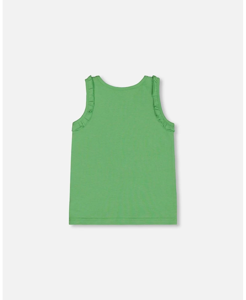 Deux par Deux Big Girls Organic Cotton Tank With Frills Flowers On Green Background