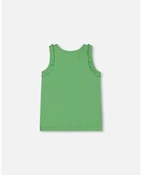 Deux par Deux Big Girls Organic Cotton Tank With Frills Flowers On Green Background