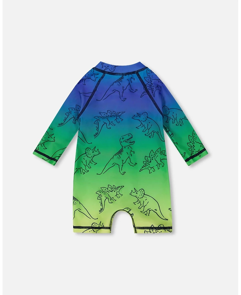 Deux par Deux Baby Boys Printed Long Sleeve One-Piece Rashguard Vibrant Blue And Green Dino
