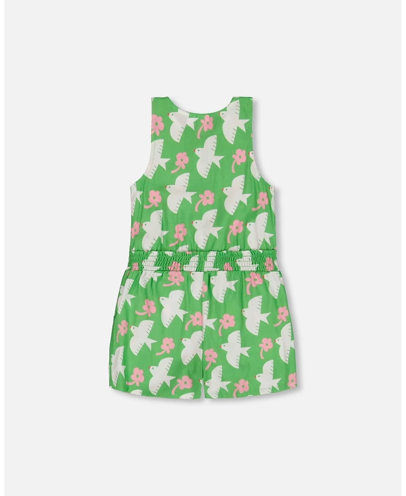 Deux par Toddler Girls Printed Romper With Frills Green White And Pink Bird - Toddler|Child