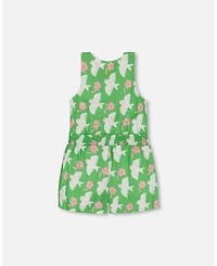 Deux par Toddler Girls Printed Romper With Frills Green White And Pink Bird - Toddler|Child
