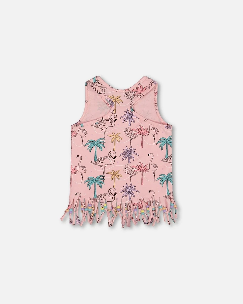 Deux par Deux Big Girls Printed Organic Cotton Tank Top With Fringe Palm Trees, Pink Flamingo, And Turquoise