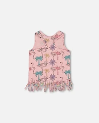 Deux par Deux Big Girls Printed Organic Cotton Tank Top With Fringe Palm Trees, Pink Flamingo, And Turquoise