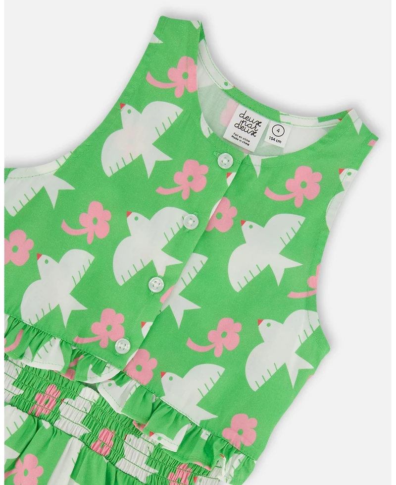 Deux par Toddler Girls Printed Romper With Frills Green White And Pink Bird - Toddler|Child