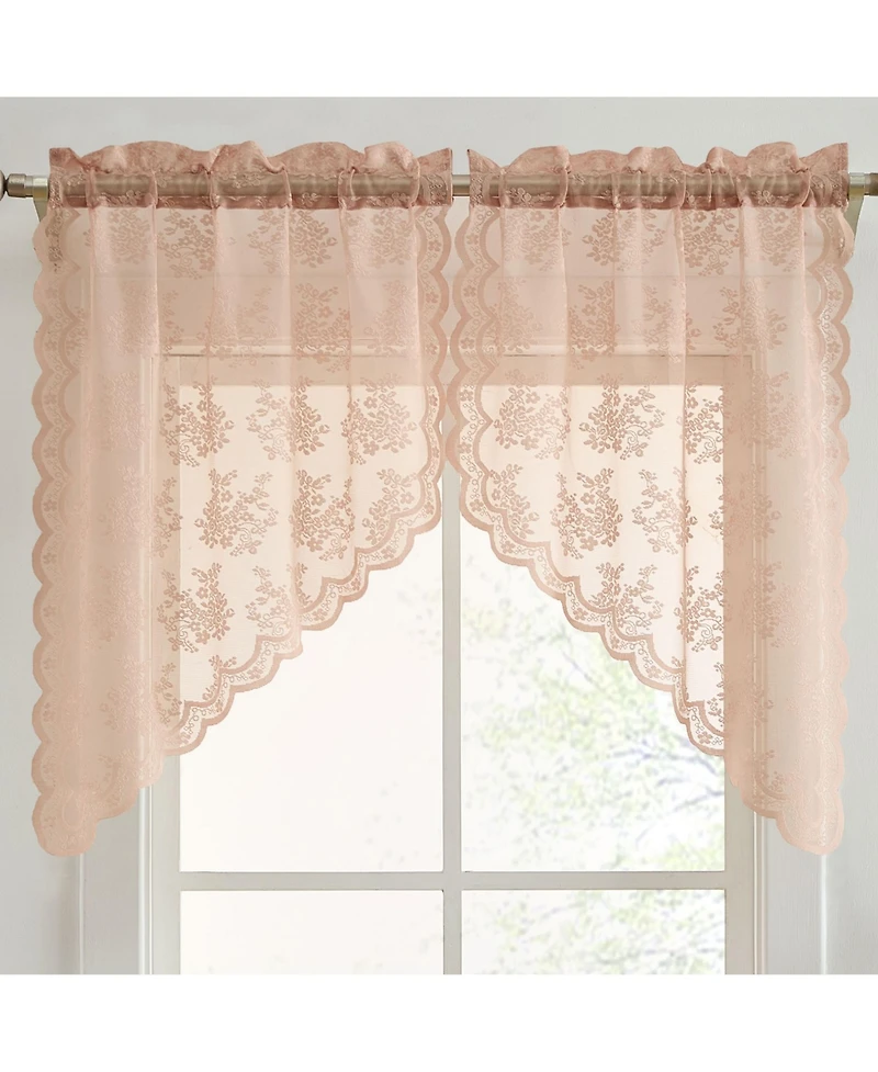 Hlc.me Jolene Floral Rod Pocket Lace Short Cafe Swags for Small Windows - 28 x 36 Inch Length (Blush Pink Swags, Set of 2)