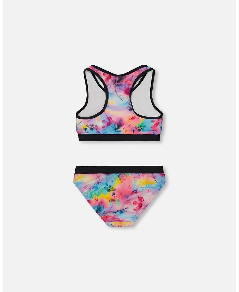 Deux par Deux Girls Printed Two-Piece Racerback Swimsuit Butterflies On Multicolored And Black Background