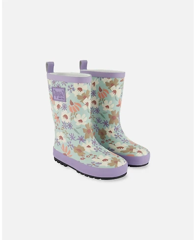 Deux par Deux Little Girls Printed Rain Boots Small White Flowers On Turquoise And Lilac