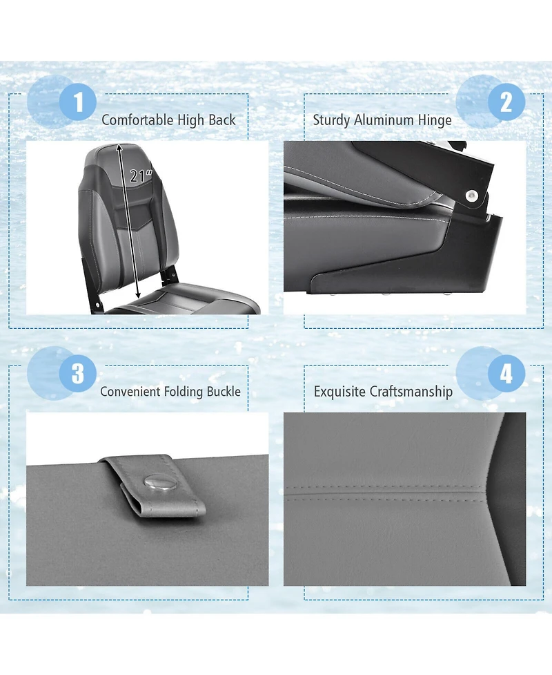 High Back Folding Boat Seats with Black Grey Sponge Cushion and Flexible Hinges