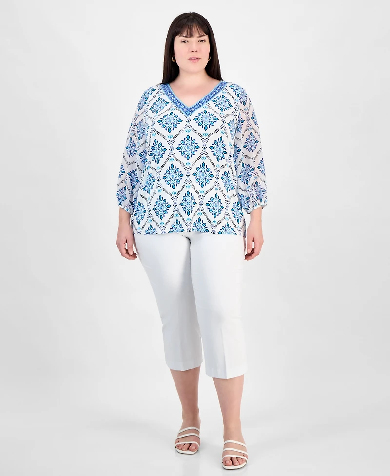 Jm Collection Plus Embellished V-Neck 3/4-Sleeve Top, Exclusively at Macy's