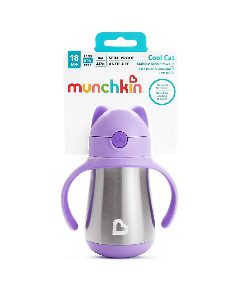 Munchkin Toddler Cool Cat Stainless Steel Straw Cup, 8 Ounce, Purple