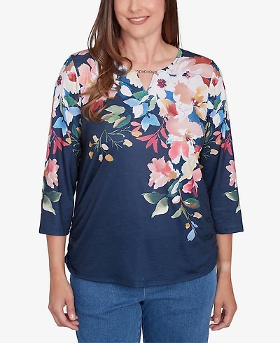 Alfred Dunner Women's Free Spirit Floral Knit Ruched Sleeve Top