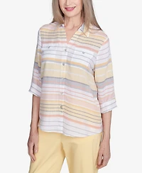 Alfred Dunner Women's Dress Code Button Down Striped Cuffed Sleeve Top
