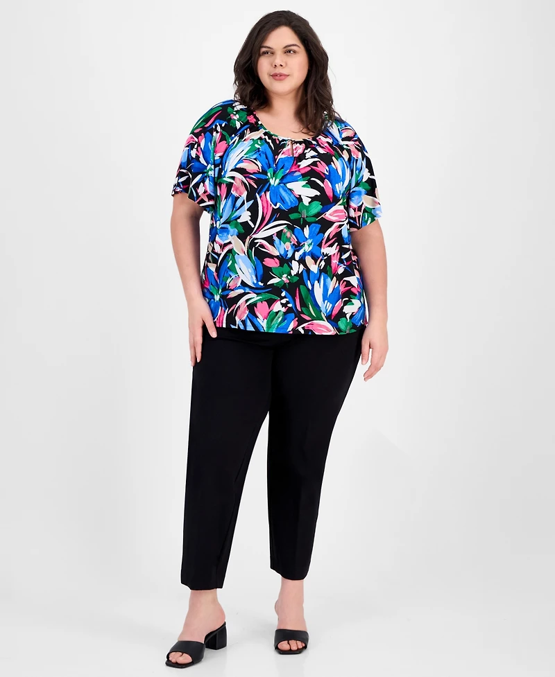 Ak Anne Klein Plus Floral-Print Short-Sleeve Top