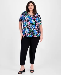 Ak Anne Klein Plus Floral-Print Short-Sleeve Top