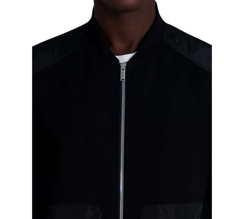 Karl Lagerfeld Paris Men's Relaxed Fit Zip-Front Mixed-Media Bomber Jacket