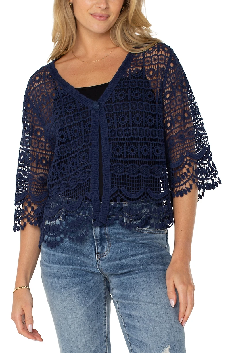 Liverpool Los Angeles Women's Crochet Lace Short-Sleeve Cotton Bolero Sweater