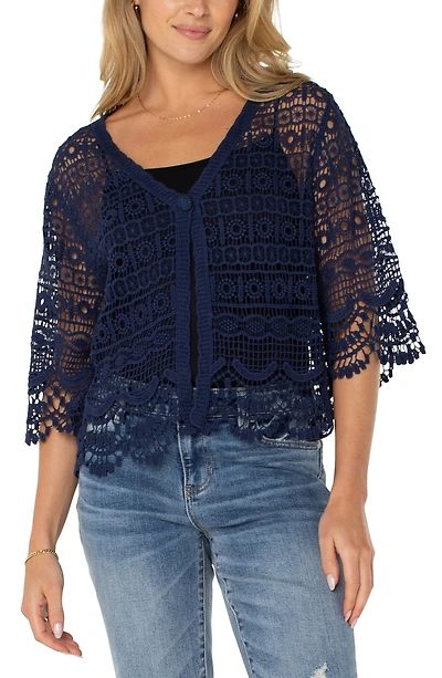 Liverpool Los Angeles Women's Crochet Lace Short-Sleeve Cotton Bolero Sweater