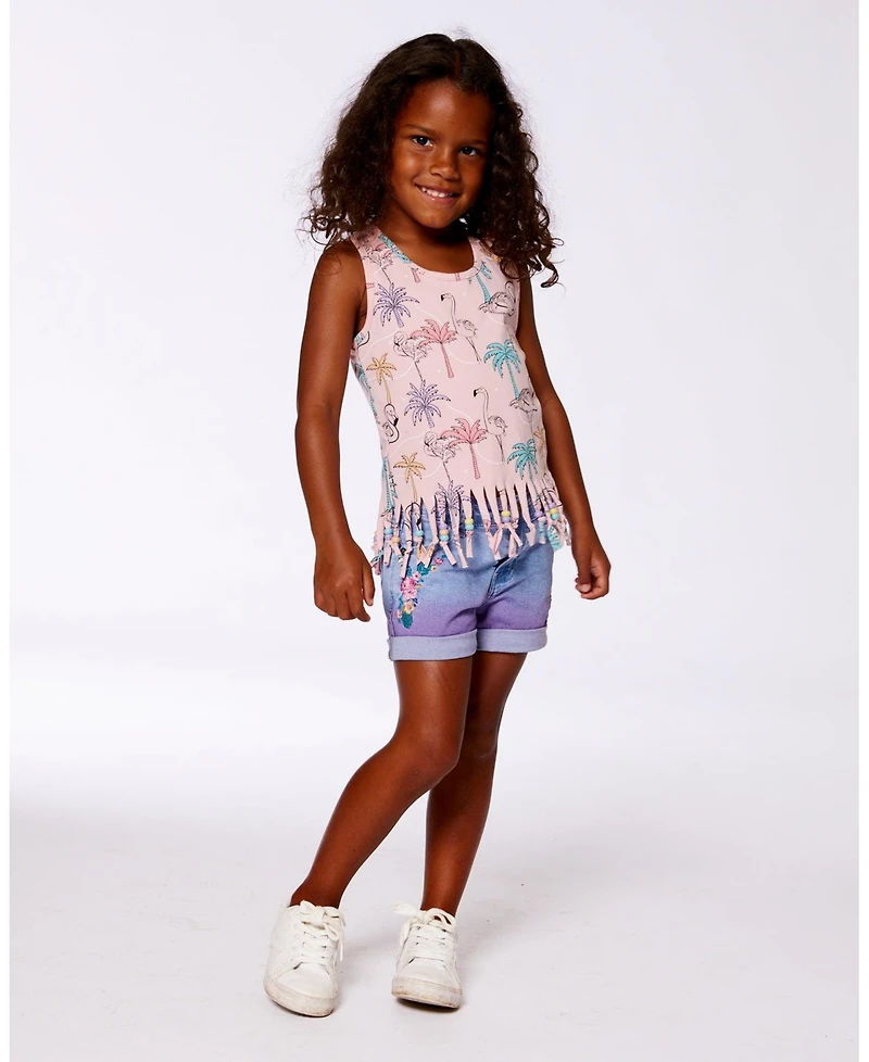 Deux par Deux Toddler Girls Printed Cotton Tank Top With Fringe Palm Trees, Pink Flamingo, And Turquoise - Toddler|Child