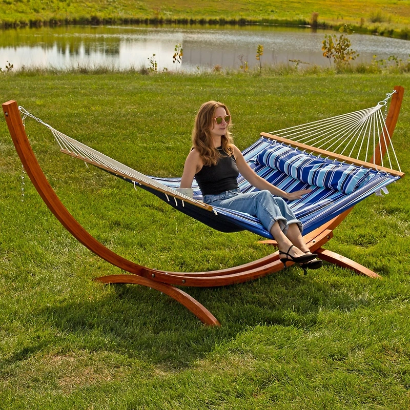 Quilted Double Fabric 2-Person Hammock with Curved Arc Wood Stand