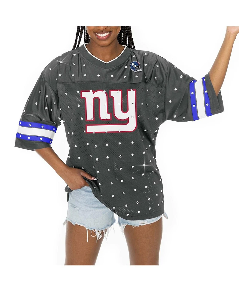 Gameday Couture Women's Anthracite New York Giants Kickoff Time Allover Rhinestone Sports Stripe Jersey V-Neck T-Shirt