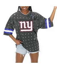 Gameday Couture Women's Anthracite New York Giants Kickoff Time Allover Rhinestone Sports Stripe Jersey V-Neck T-Shirt