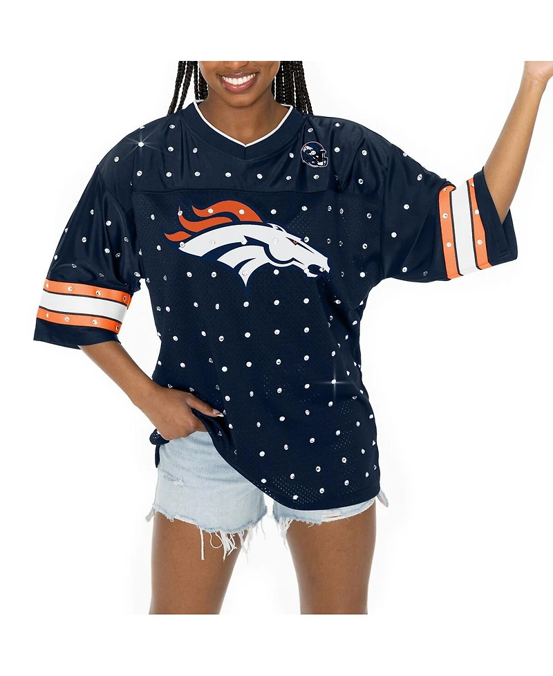 Gameday Couture Women's Navy Denver Broncos Kickoff Time Allover Rhinestone Sports Stripe Jersey V-Neck T-Shirt