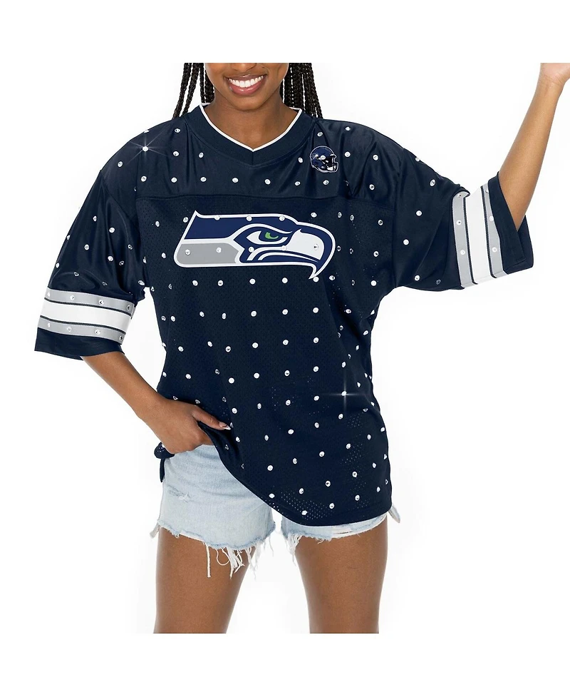 Gameday Couture Women's College Navy Seattle Seahawks Kickoff Time Allover Rhinestone Sports Stripe Jersey V-Neck T-Shirt