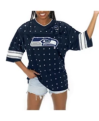 Gameday Couture Women's College Navy Seattle Seahawks Kickoff Time Allover Rhinestone Sports Stripe Jersey V-Neck T-Shirt
